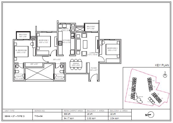 3 BHK 906 Sq Ft Floor Plan of Birla Trimaya